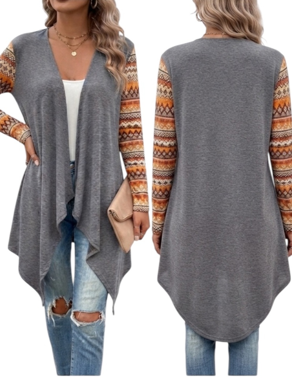 SHEIN LUNE Geo Print Open Front Asymmetrical Hem Coat Without Cami Top size S